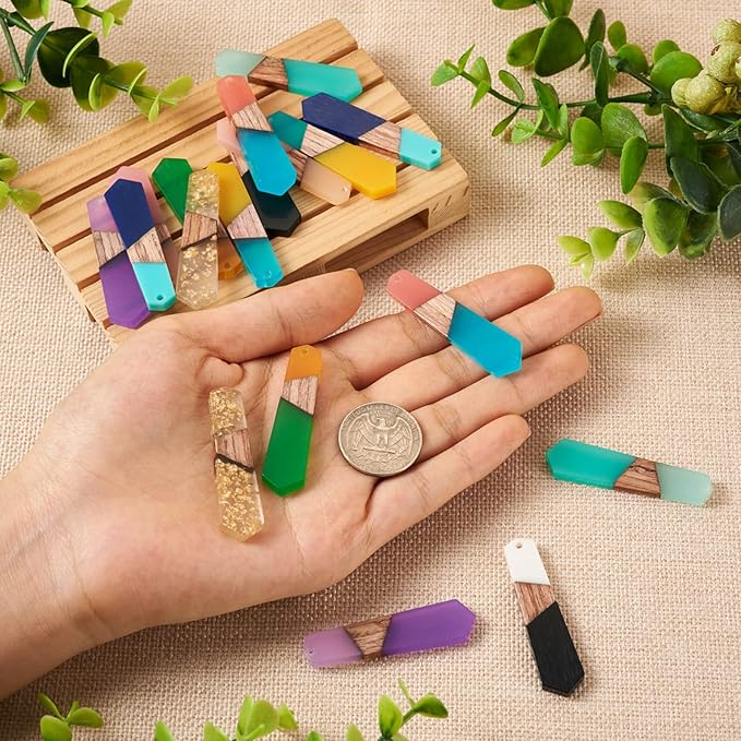 Beadthoven 18pcs/9 Pairs Natural Wood Resin Charms Colorful Pendulum Shape DIY Earrings Pendants Mixed Vintage Wooden Pieces Tag Pendants for Statement Jewelry Making Bohemian Earrings Findings