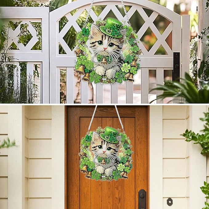 MXJSUA St. Patrick's Day Cat Diamond Art Hanging Kits for Adults Beginners, Crystal Diamond Suncatchers, Special Shape Diamond Painting Pendant Window Ornament Gifts for Home Garden Door Wall Decor