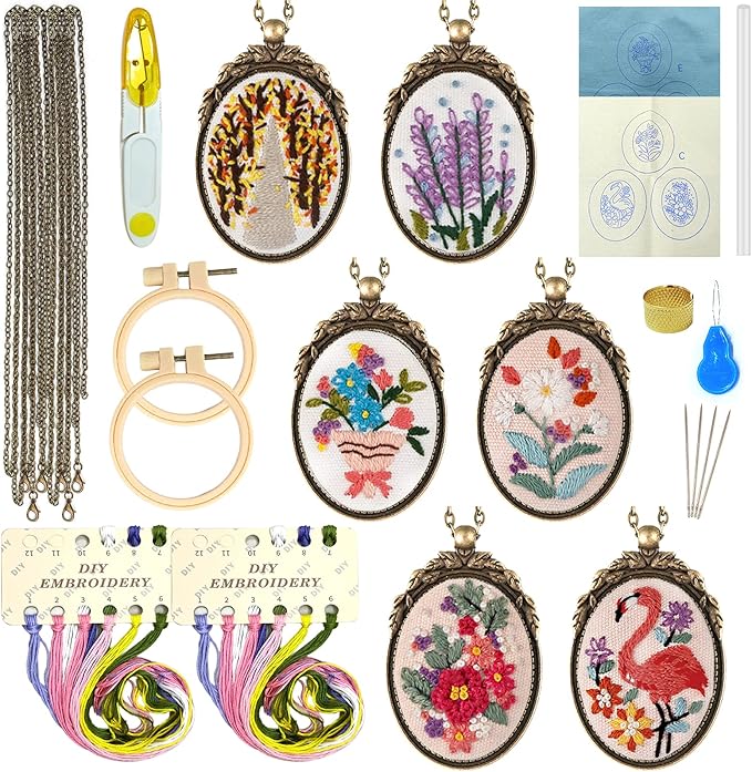 ZOCONE 6 Packs Embroidery Necklace Kit, Embroidery Pendant Kit Mini Cross Stitch Kit with 4 Hoops, Necklace, Pendant, Stamped Pattern Cloth, Instructions, etc., Embroidery Kit for Adults