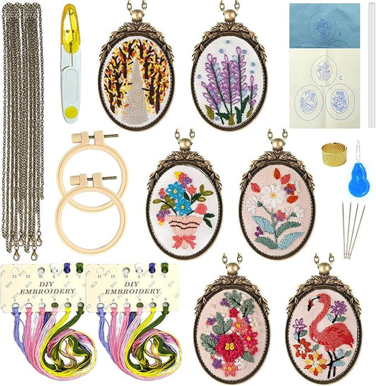 ZOCONE 6 Packs Embroidery Necklace Kit, Embroidery Pendant Kit Mini Cross Stitch Kit with 4 Hoops, Necklace, Pendant, Stamped Pattern Cloth, Instructions, etc., Embroidery Kit for Adults