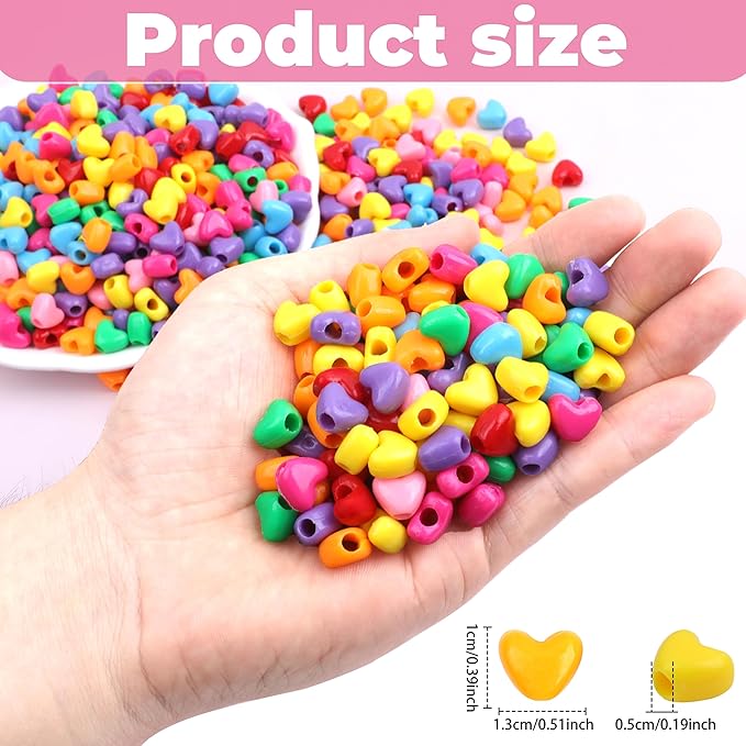 gmma 1000pcs heart pony beads, heart shape spacer beads, rainbow beads bulk, large hole for party decorate, jewelry making, necklace, friendship bracelets, hair beads for valentine's party