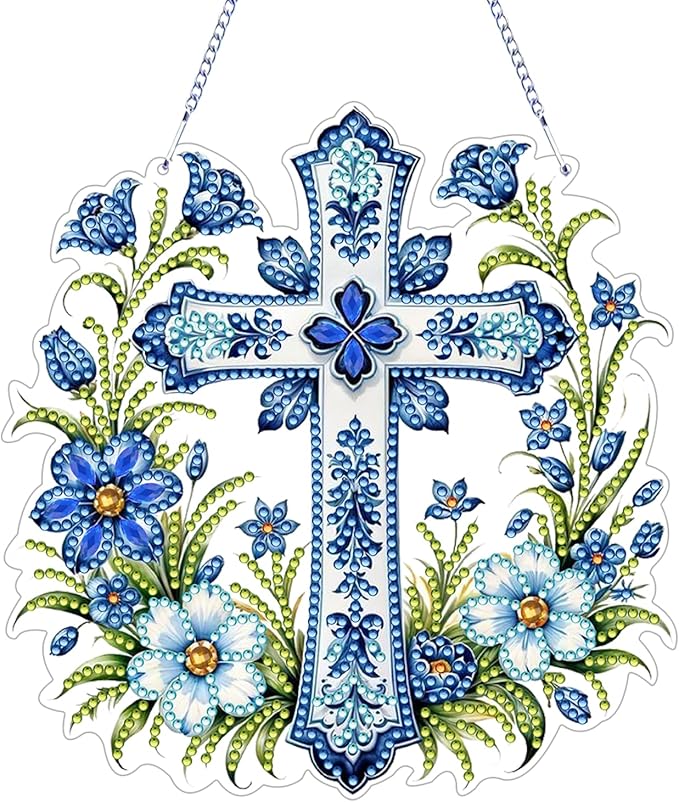 ARPADAMO Hanging Diamonds Art kit for Adult,DIY Cross Flowers Pendant Diamonds Painting Art Kit, 7.0x6.8 inch Acrylic Diamonds Painting Board Kit Ornament, Special Crystal Diamond Hanging Ornament