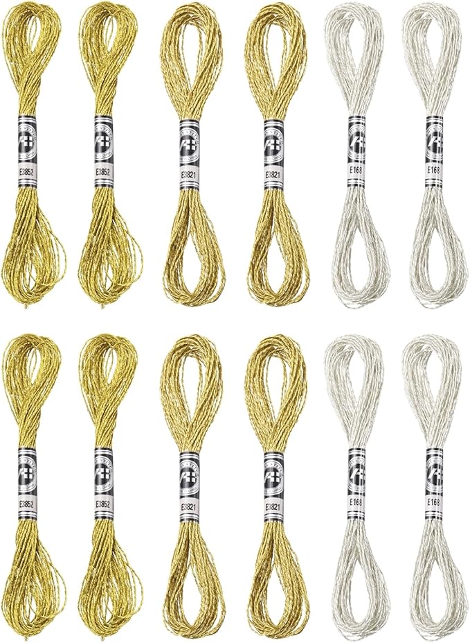 PATIKIL 12 Skeins Embroidery Floss, Metallic Embroidery Thread Nylon Threads Bracelets String for Cross-Stitch Hand Embroidery, Gold/Silver/Light Gold