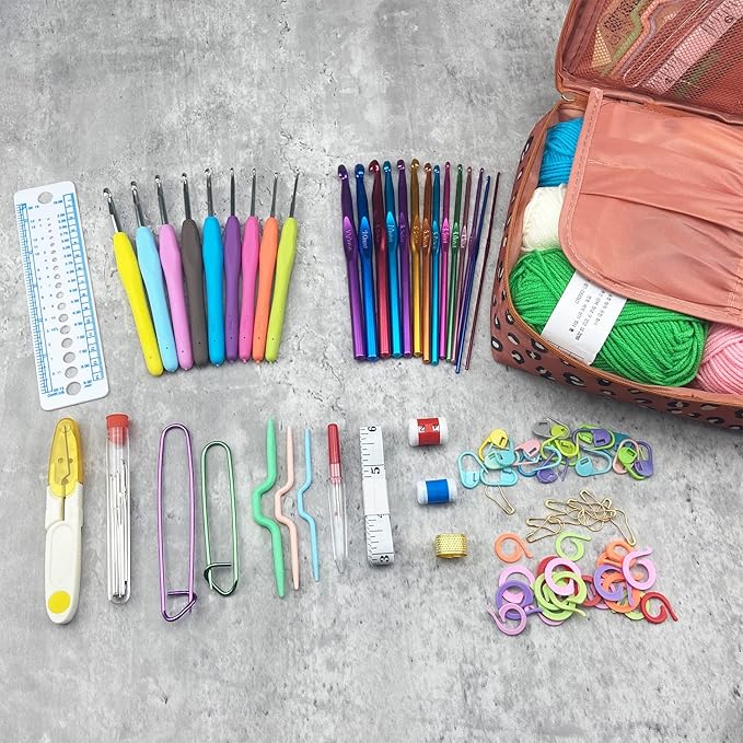 Mdoker Crochet Kit for Beginners, 100 Pieces Complete Kit with Yarn, Soft Grip & Aluminum Hooks, Ergonomic Design, Ideal Gift, Case Included