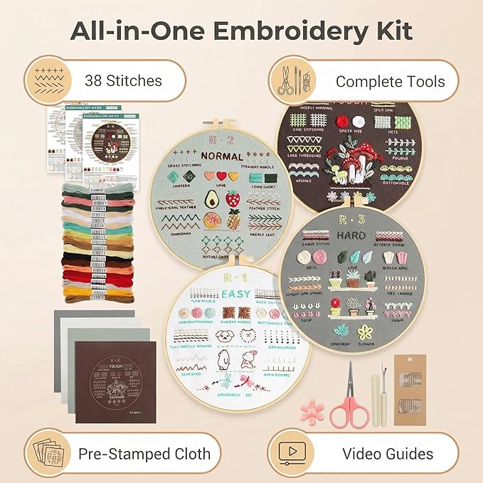 PALUPJEF Embroidery Kit for Beginner and Adults, 4 Hoop Set to Learn 38 Stitches with Pre-Stamped Patterns, Complete Starter Kit with Instructions, DIY Gift for Women
