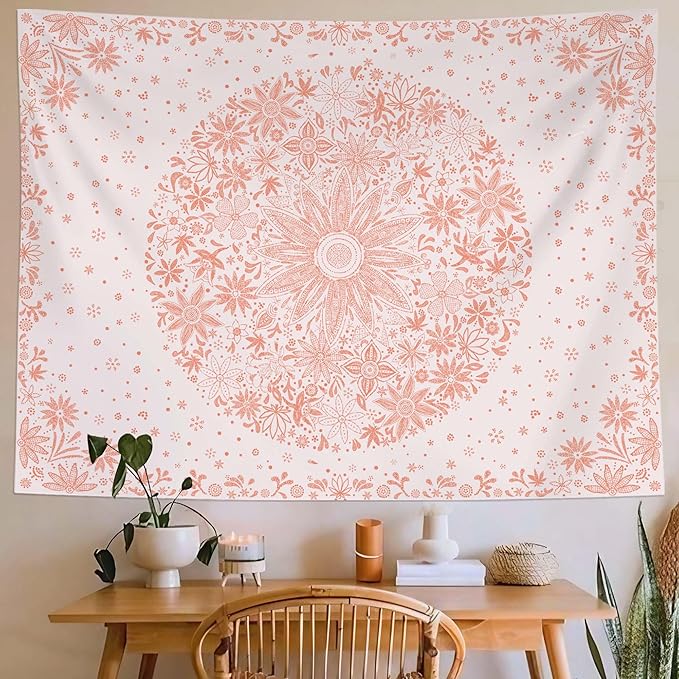 neasow bohemian tapestry wall hanging, pink floral tapestry with dotted daisy medallion print bedroom boho hippie home decor, 60x80 inches