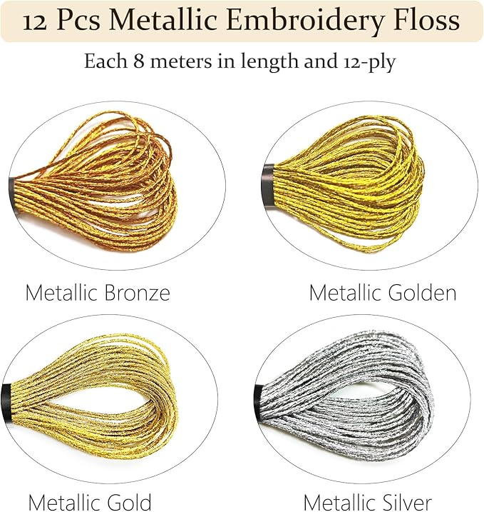 12 Skeins Metallic Embroidery Floss, Gold and Silver Embroidery Thread, Multi-Purpose Cross Stitch Thread for Hand Crafts Art Supplies（8 m 12 Strands）