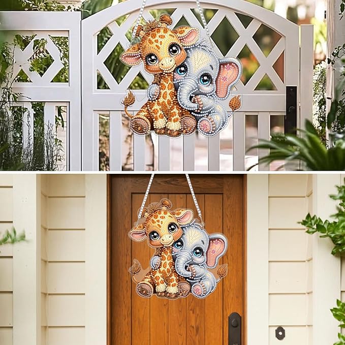MXJSUA Diamond Art Hanging Kits for Adults Beginners, Giraffe and Elephant DIY Acrylic Special Shaped Crystal Diamond Gem Art Pendant Drills Painting Ornament for Home Wall Decor and Gift