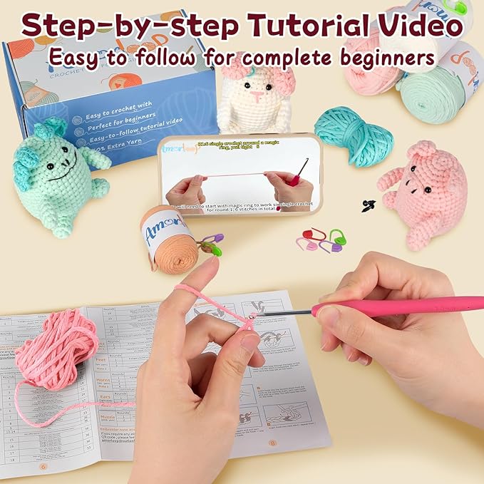 Beginner Crochet Kit for Adults Kids – 3 Packs Crochet Kit with Easy-to-See Stitches Yarn and Video Tutorials, Cute Animal Designs, DIY Crochet Set for First-Time Learners - Bunny, Piggy and Axolotl