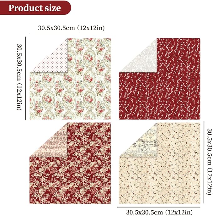 Vintage Red Scrapbook Paper, 12x12 Paper Pad, 24 Sheets/ 12 Designs Flower Garden Pattern Paper Vintage Rose Scrapbook Specialty Paper Double Sided Floral Decorative Craft Paper