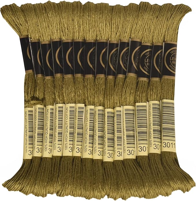 LE PAON Embroidery Floss, 14-Pack Six Strands 100% Long Staple Cotton Embroidery Thread, 8.7-Yard，Color Number：3011, Dark Khaki Green