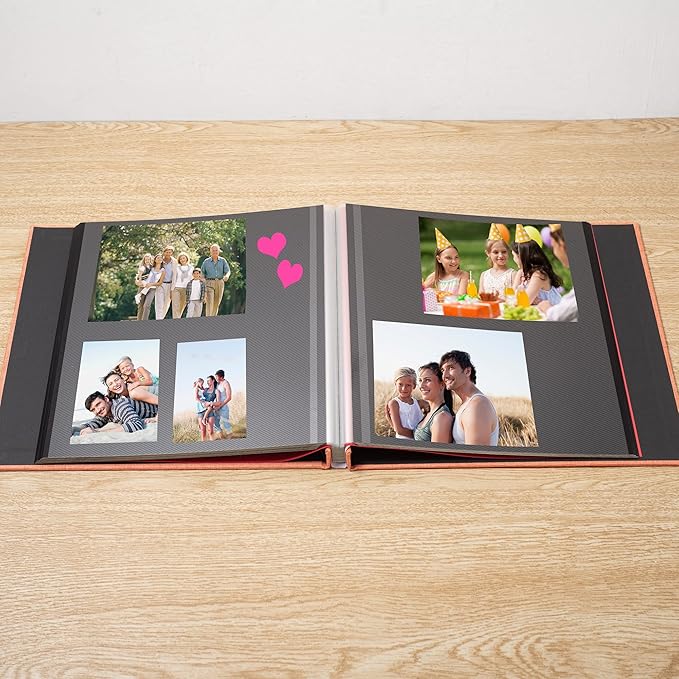 Photo Album Self Adhesive Scrapbook 3x5 4x6 5x7 6x8 Magnetic Album DIY Scrap Book 11x10.6 Inch 40 Black Sticky Pages Linen Cover DIY Photo Album(Orange)
