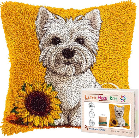 DIY Latch Hook Pillow Kits for Adults Cute West Highland Terrier Dog Printed Pillowcase Crochet Yarns Hooking Handmade Pillow Cover Cushion for Home Sofa Decoration 17x17inch-50