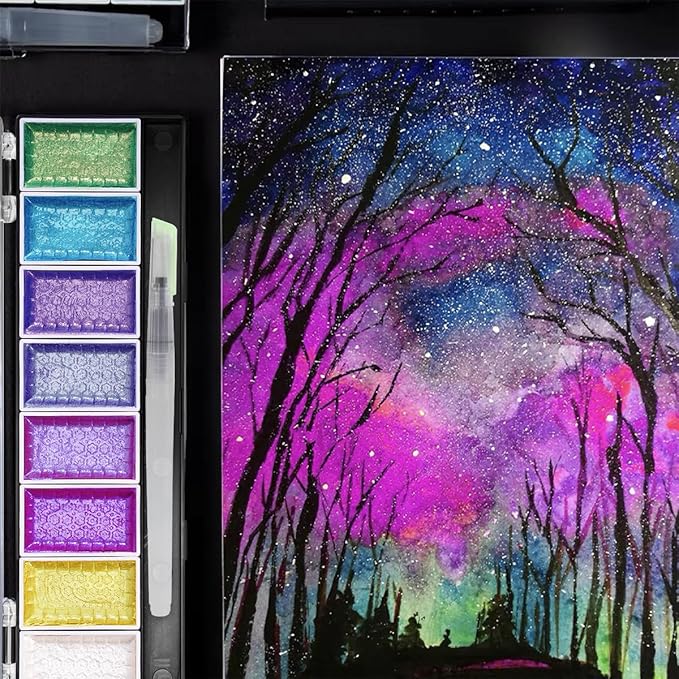 LIGHTWISH Metallic Waterolor Paints,8 Star Colors,Artist Glitter Solid Watercolors with 1 Water Brush Pen for Artists, Students and Beginners