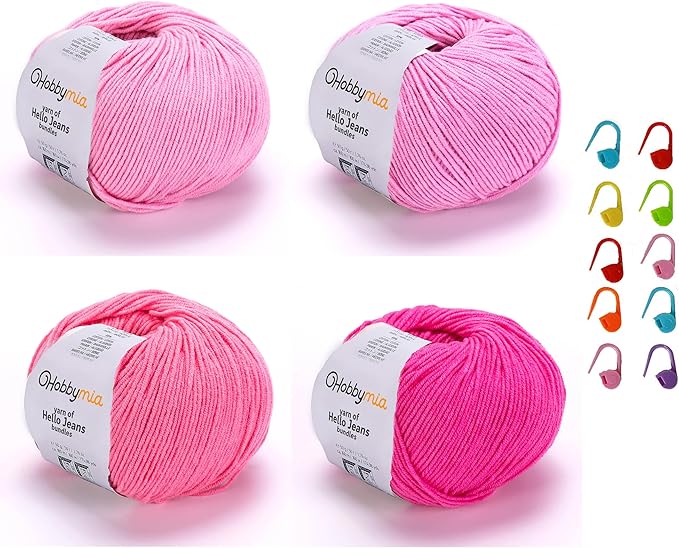 Cotton Yarn Kit - 4 Multicolor Balls Soft Sport Weight Yarn for Crochet & Amigurumi - 50g / 175yds Each & 10 Stitch Markers (H24 - Pink)