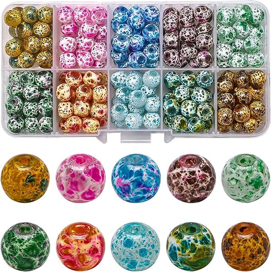 8mm Glass Beads for Jewelry Making, 200pcs Ice Flower Round Bracelet Beads Crystal Loose Beads for Bracelets Necklaces Earrings DIY Jewelry Making and Christmas Accessories