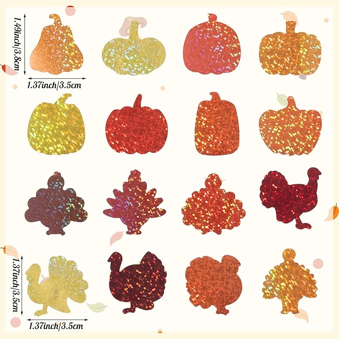 beyumi thanksgiving pumpkin turkey stickers - 1000pcs fall thankful laser pumpkin turkey stickers in 2 rolls holographic sparkly glitter autumn harvest adhesive decal gift party laptop decor for kids
