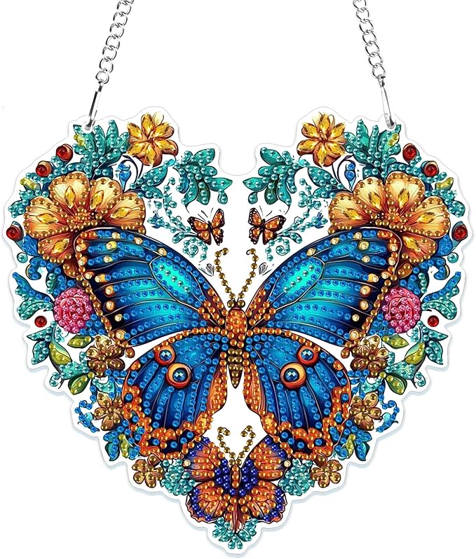 MOGTAA Butterfly Diamond Art Hanging Pendant Kits, 5D Special Shape Diamond Art Kits for Adults, Crystal Rhinestones Flowers Diamond Painting Gem Art for Home Garden Wall Decor