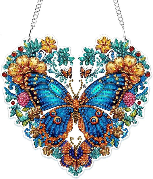 MOGTAA Butterfly Diamond Art Hanging Pendant Kits, 5D Special Shape Diamond Art Kits for Adults, Crystal Rhinestones Flowers Diamond Painting Gem Art for Home Garden Wall Decor