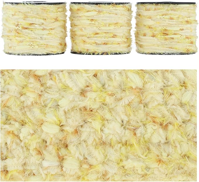 Artisanal Yarn Collection Multifiber Fancy Yarn for Knitting Crocheting Crafts DIY, Set of 3 Rolls (Soft Yellow Feather Weave)