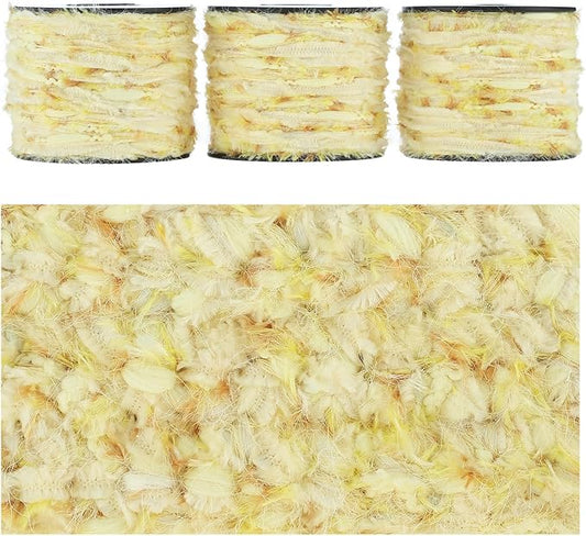 Artisanal Yarn Collection Multifiber Fancy Yarn for Knitting Crocheting Crafts DIY, Set of 3 Rolls (Soft Yellow Feather Weave)