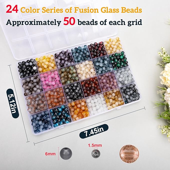 XSEINO About 1200+ pcs 6mm Glass Beads Bracelet Making Kit, 24 Assorted Black and White Bi-Color Fusion Series Crystal Beads for Jewelry Making, DIY Crafts, Friendship Bracelets