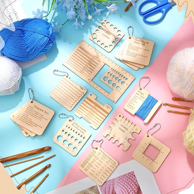 Eersida 15 Pcs Knitting Needle Gauge and Rulers Crochet Tools Knitting Accessories Wooden Yarn Gauge Tools with Chain Crochet Needle Rulers Yarn Measuring Tools