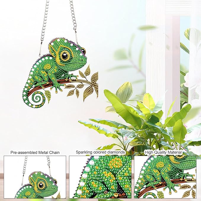 AiYuanzsh Diamond Painting Kits Hanging Pendant, Animal Chameleon Diamond Art Hanging Sign DIY Special Shaped Crystal Pendant Ornaments for Door Wall Window Home Xmas Halloween Decor