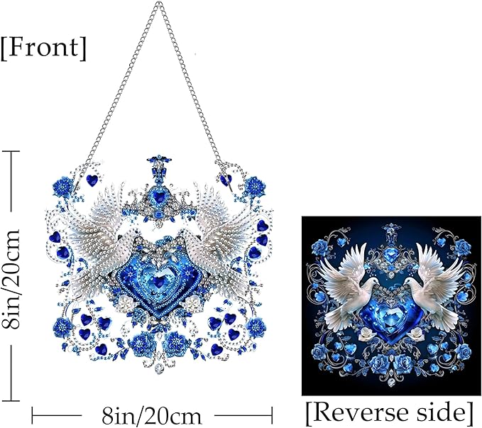 Kaliosy Sun Catcher Heart Bird Window Hanging Ornament - Outdoor Porch Decor, Animals Themed Diamond Art Ornament, Acrylic Board Diamond Painting for Wall Home, Front Door Sign, Indoor Decor 8x8inch