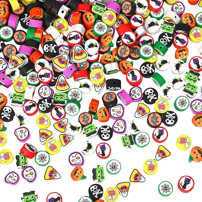 Augshy Halloween Polymer Clay Beads - 300PCS Assorted Pumpkin Ghost Skeletons Spider Bat Clay Beads for Bracelet Necklace Jewelry Making