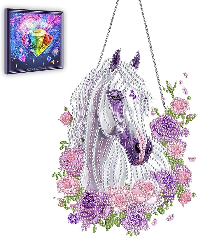 Ginfonr Diamond Painting Kits Hanging Pendant, White Horse Diamond Art Kits for Adults, Special Shaped Rhinestone Animals Diamond Art, Double Sided Home Hanging Kits for Garden Wall Window (8 x 8inch)