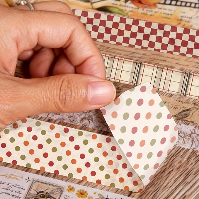 21 Rolls Vintage Brown Washi Tape Set - Checkered/Striped/Polka Dot Decorative Tape for Scrapbooking, Journaling, Junk Journal, Craft Supplies, Retro Aesthetic Gift for Handmade Lovers