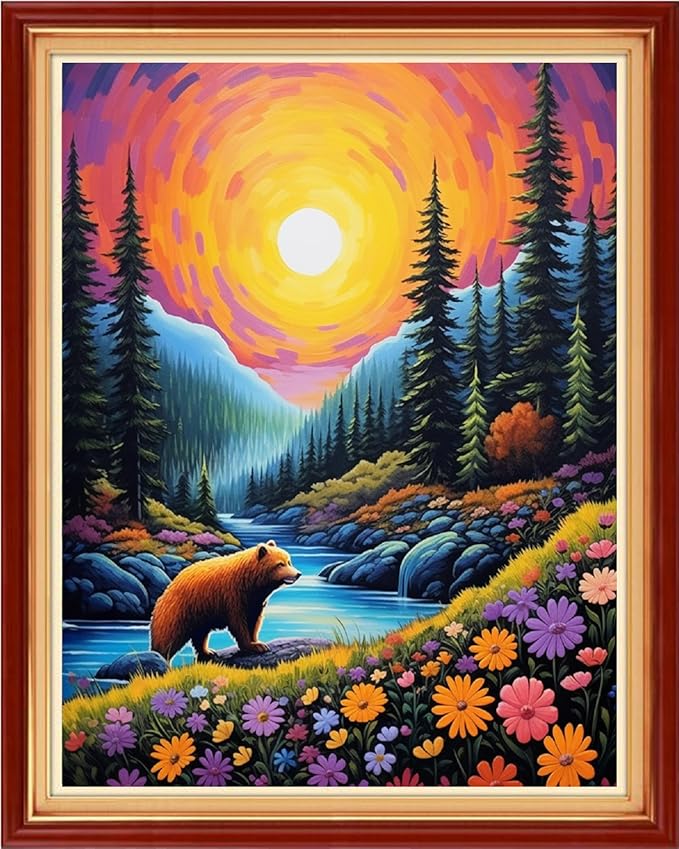 dimxvean stamped cross stitch kits,cross stitch kits for adults beginners,embroidery kits full range of cross stitch stamped kits needlepoint kits cross stitch patterns-sunrise brown bear 16x20 inch