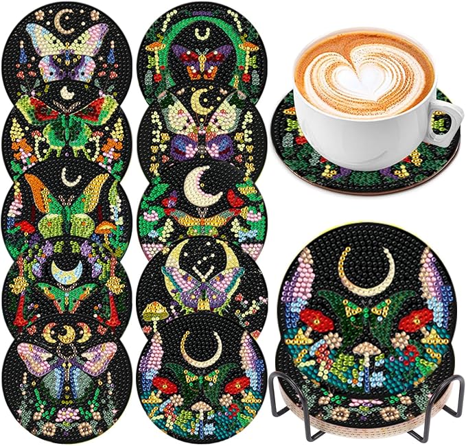 EWJRNSF 10 PCS Diamond Art Coasters Kit, Small Diamond Painting Coasters, Fall Diamond Art Kits for Adults Beginners, Arts and Crafts Supplies Item Sets with Holder Butterfly