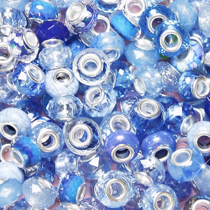 200Pcs Blue Large Hole Beads Assorted European Craft Big Beads Large Hole Lampwork Murano Bead Fairy Wand Garden Bead for DIY Charm Bracelet Necklace Jewelry Making Decoration Supplies