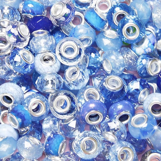 200Pcs Blue Large Hole Beads Assorted European Craft Big Beads Large Hole Lampwork Murano Bead Fairy Wand Garden Bead for DIY Charm Bracelet Necklace Jewelry Making Decoration Supplies