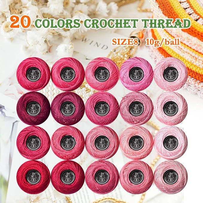 Soft 20 Colors Classic Crochet Thread 20 Pack,100% Cotton (Cranberry-3326-601)