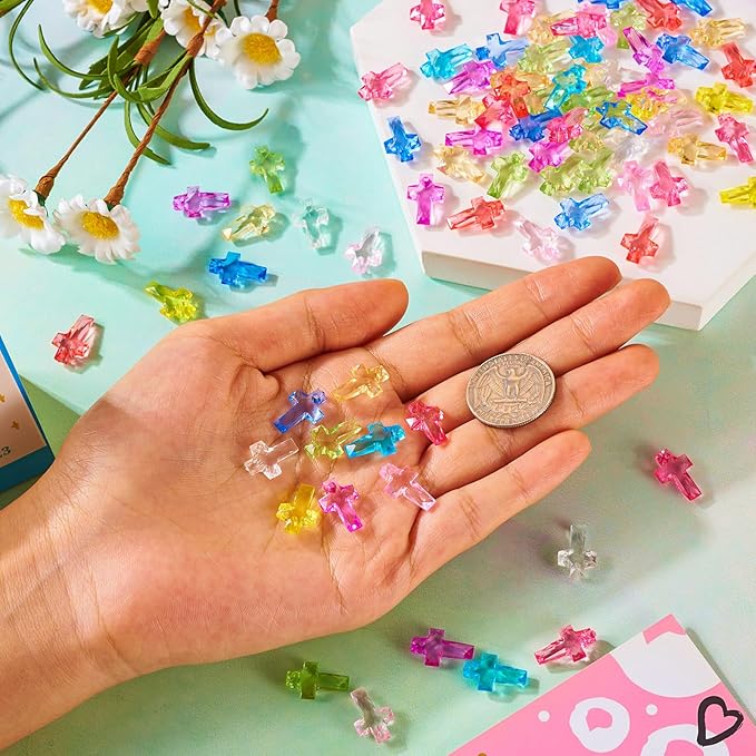 FASHEWELRY 300pcs Clear Acrylic Cross Beads Candy Color Cross Loose Beads Transparent Crosses Spacer Beads Easter Crucifix Loose Beads for Jewelry Making