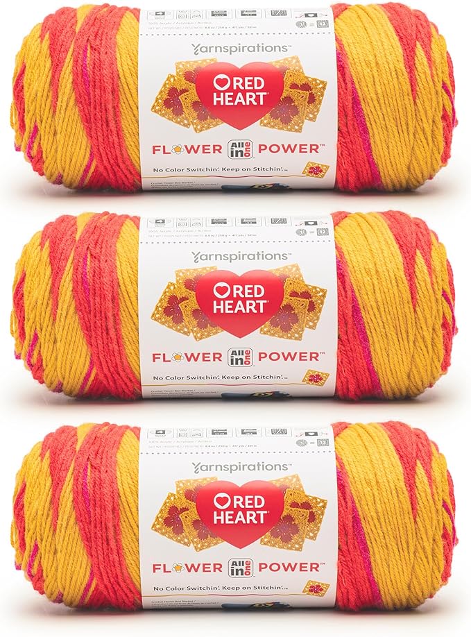 Red Heart All in ONE Flower Power Poppy Star Yarn - 3 Pack of 8.8oz/250g - 100% Acrylic - #4 Worsted (Medium) - 440 Yards - Knitting/Crochet