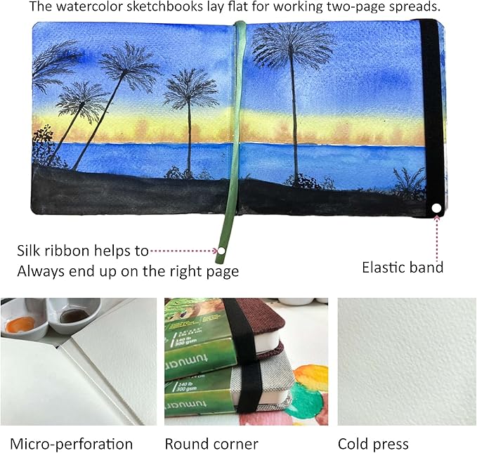 tumuarta Square Watercolor Journal, 5.5x5.5”, 140 LB, 300 GSM, Cotton Paper, Cold Press, 24 Sheets, 48 Pages, Watercolor Paper Notebooks for Use As Travel Sketchbooks Mixed Media Pad On The Go…
