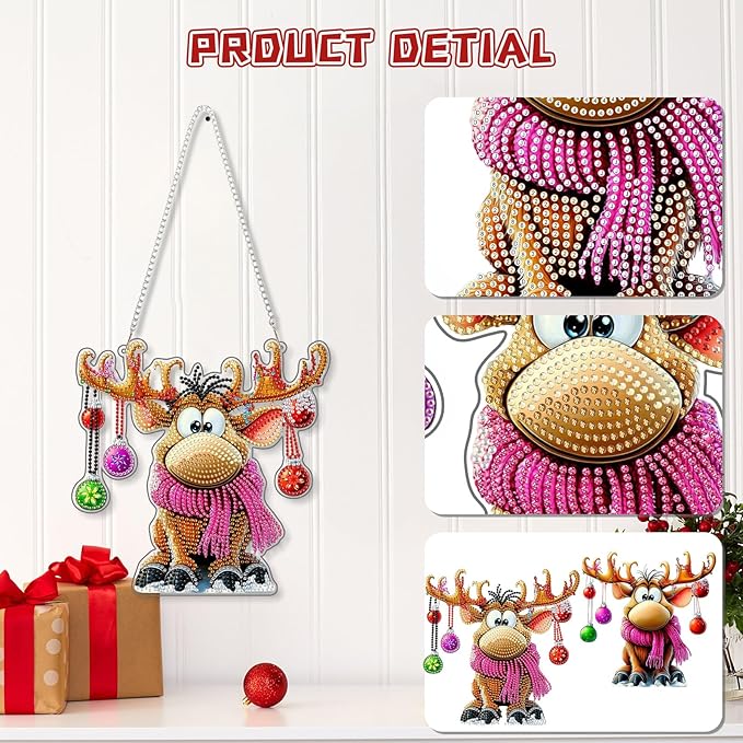 KEYIFA Christmas Diamond Painting Kit, DIY Reindeer Diamond Art for Adults, Diamonds Painting Pendant Special Shaped Rhinestone Window Hanging Ornaments Home Garden Wall Door Decoration, 20cm Width