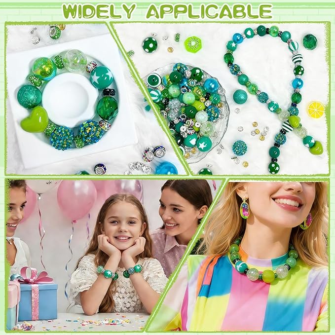 163 Pcs Pen Beads for Beadable Pens: Bubblegum Beads for Pen Making Bulk with Spacer Bead Rhinestone Bead (Green)