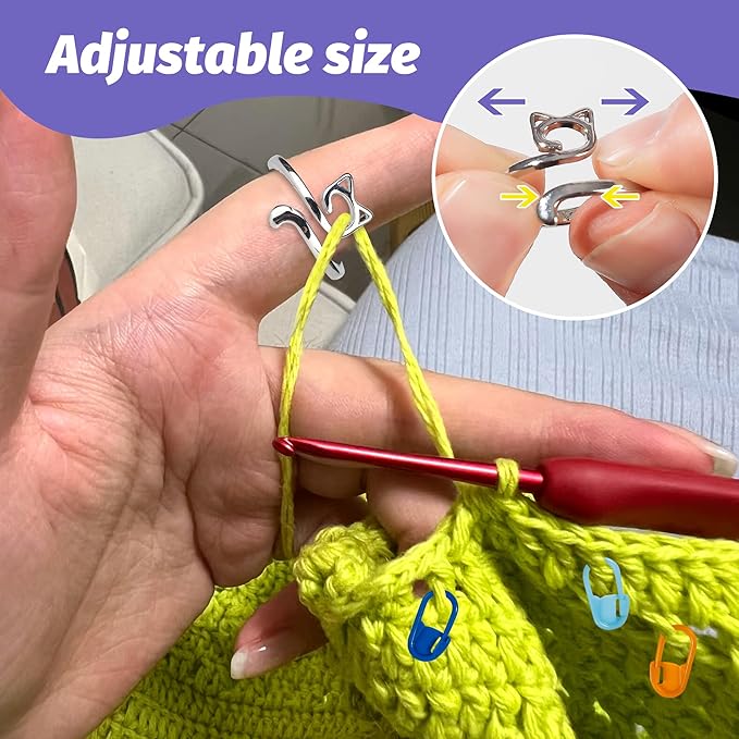 Varpotle 10Pcs Crochet Ring for Women with 45 Crochet Stitch Markers and 6 pcs Sewing Needles,Adjustable Open Crochet Tension Ring for Finger Crocheters Knitters,Stitch Markers for Crocheting