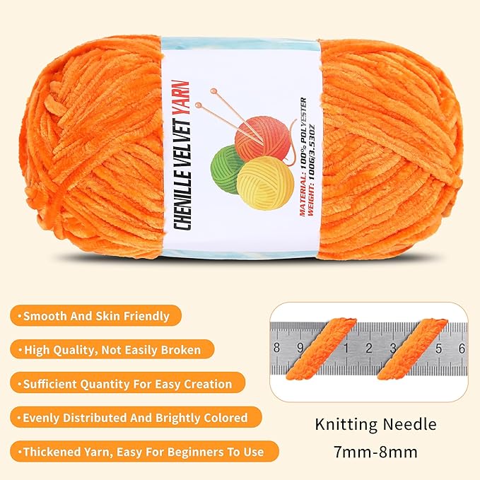 6 * 100g Velvet Chenille Chunky Yarn, Handcrafts Weaving Soft Chenille for Crocheting Clearance, Used for Making Baby Yarn Blanket, Clothes, Knitting Creations (B)