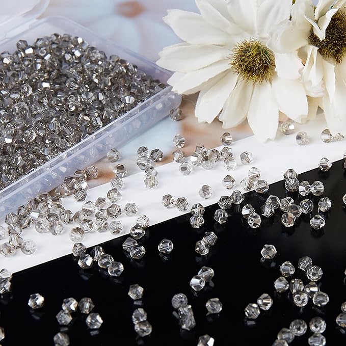 laopottbeads 1100pcs 4mm bicone crystal glass beads for jewelry making, sparkling mini beads for suncatchers, diy bracelets & craft projects (grey)