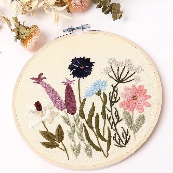 reewisly embroidery kit for beginners 4 sets, hand diy cross stitch kits,2 pcs embroidery hoop,4 pcs plants flowers embroidery patterns and threads,easy for the embroidery beginners to learn…