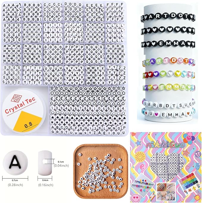 nikkiGuo 1250 PCS Letter Beads Kit with Elastic Cord – Alphabet A–Z, Numbers, Heart, Moon, Star, Smiley Beads for Friendship Bracelets & DIY Jewelry (White Beats & Black Letters)