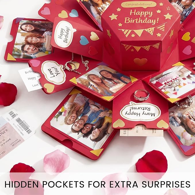 Koogel Explosion Gift Box, Red Surprise Picture Love Box with DIY Scrapbooking Accessories Exploding Photo Album for Anniversary Birthday