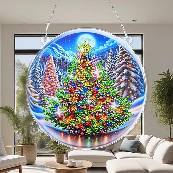 Diamond Art Hanging Kit for Adult, Painting Hanging Ornament Kit, Special Shaped Rhinestone,DIY Acrylic 5D Diamond Art Window Pendants Home Garden Wall Kits Hanging,Double Sided (Chrismas Tree)