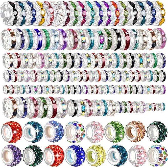 290PCS 6 Styles Rondelle Spacer Beads for Jewelry Making, 6mm, 8mm, 10mm, 11mm, 12mm Rhinestone Spacer Beads for Beaded Pens, Multicolor Crystal Bead Spacers for DIY Crafts